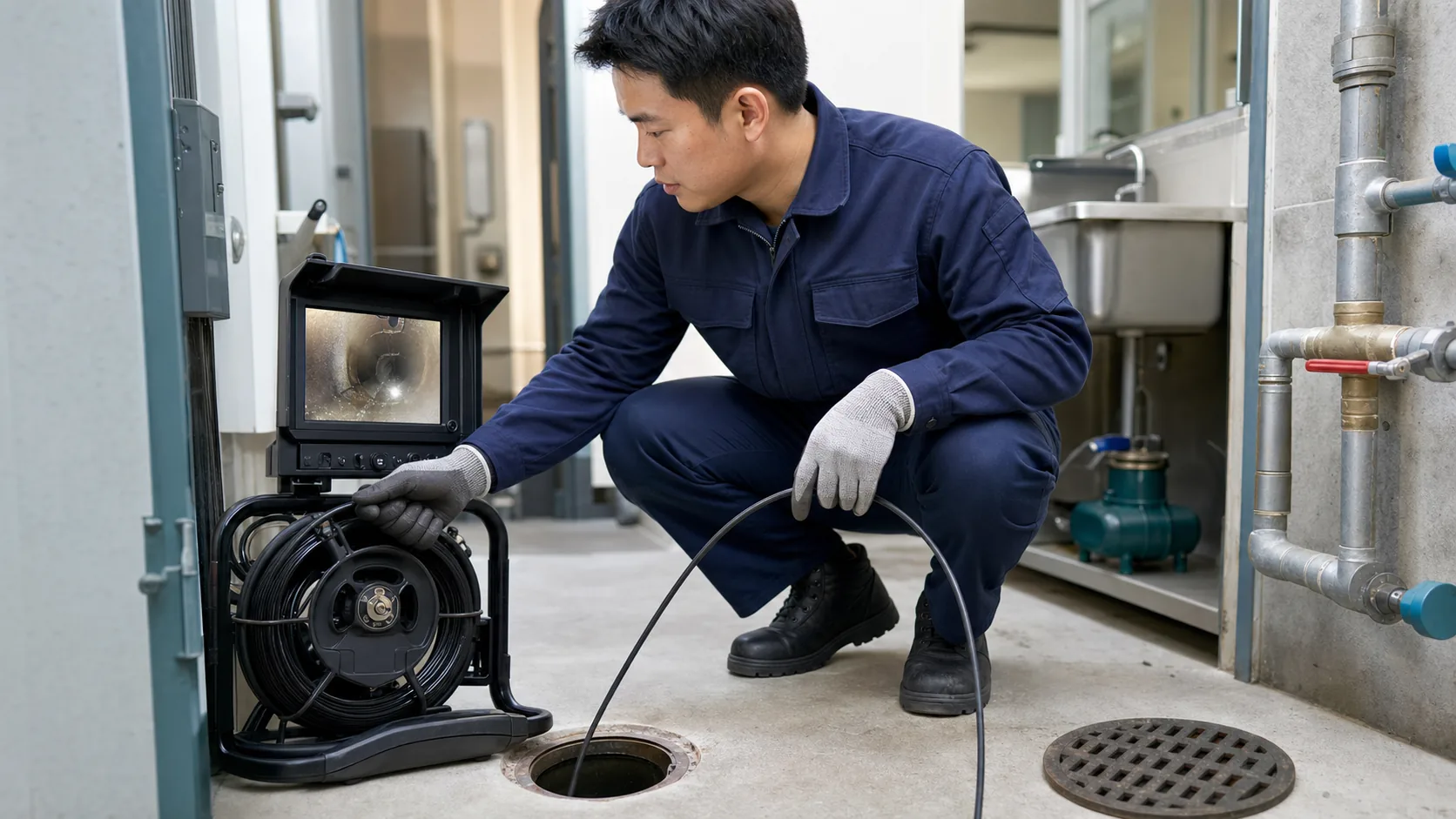 技術人員使用管道攝影機檢查建築排水管線