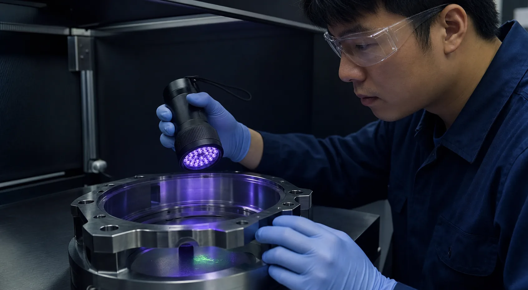 技術人員以 UV-A 紫外線檢查精密零件表面殘留