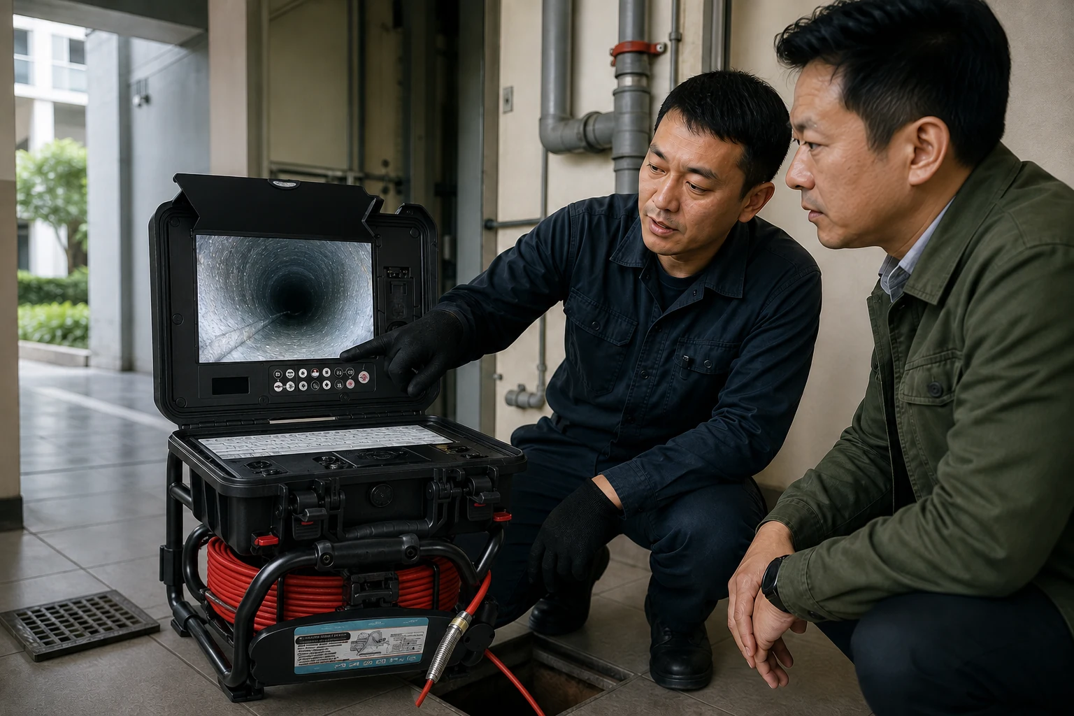 師傅使用 TVBTECH 3599FB 管道內視鏡向客戶說明管內檢測畫面