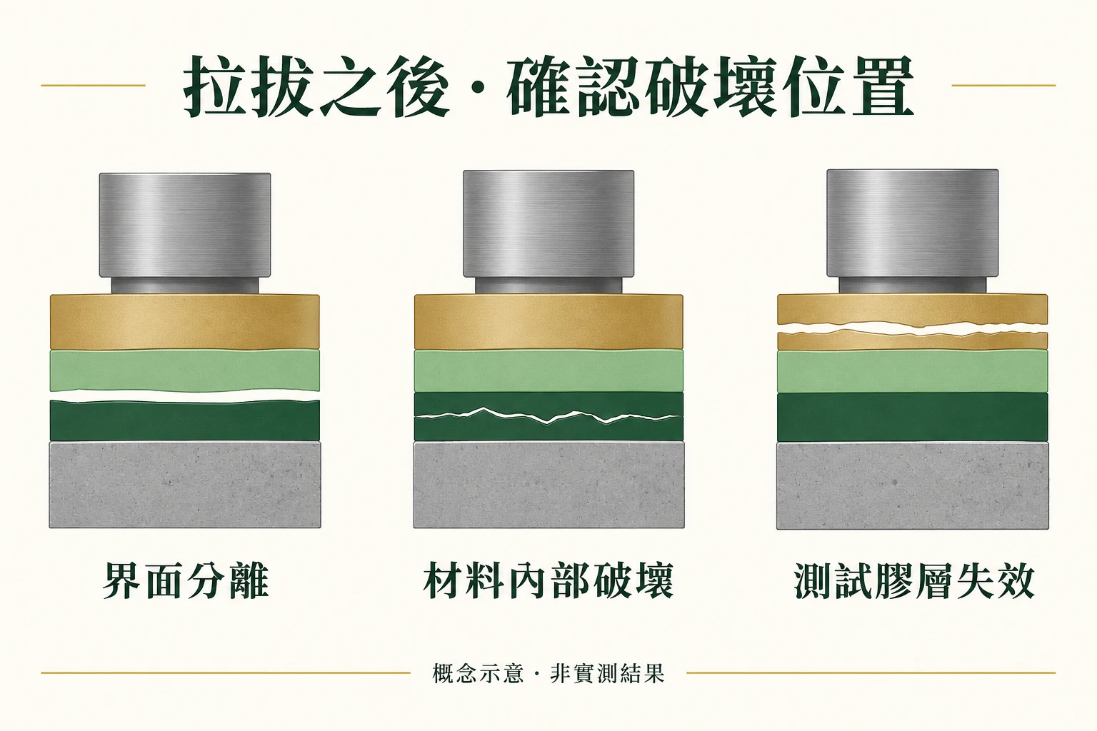 界面分離、材料內部破壞與測試膠層失效的剖面示意