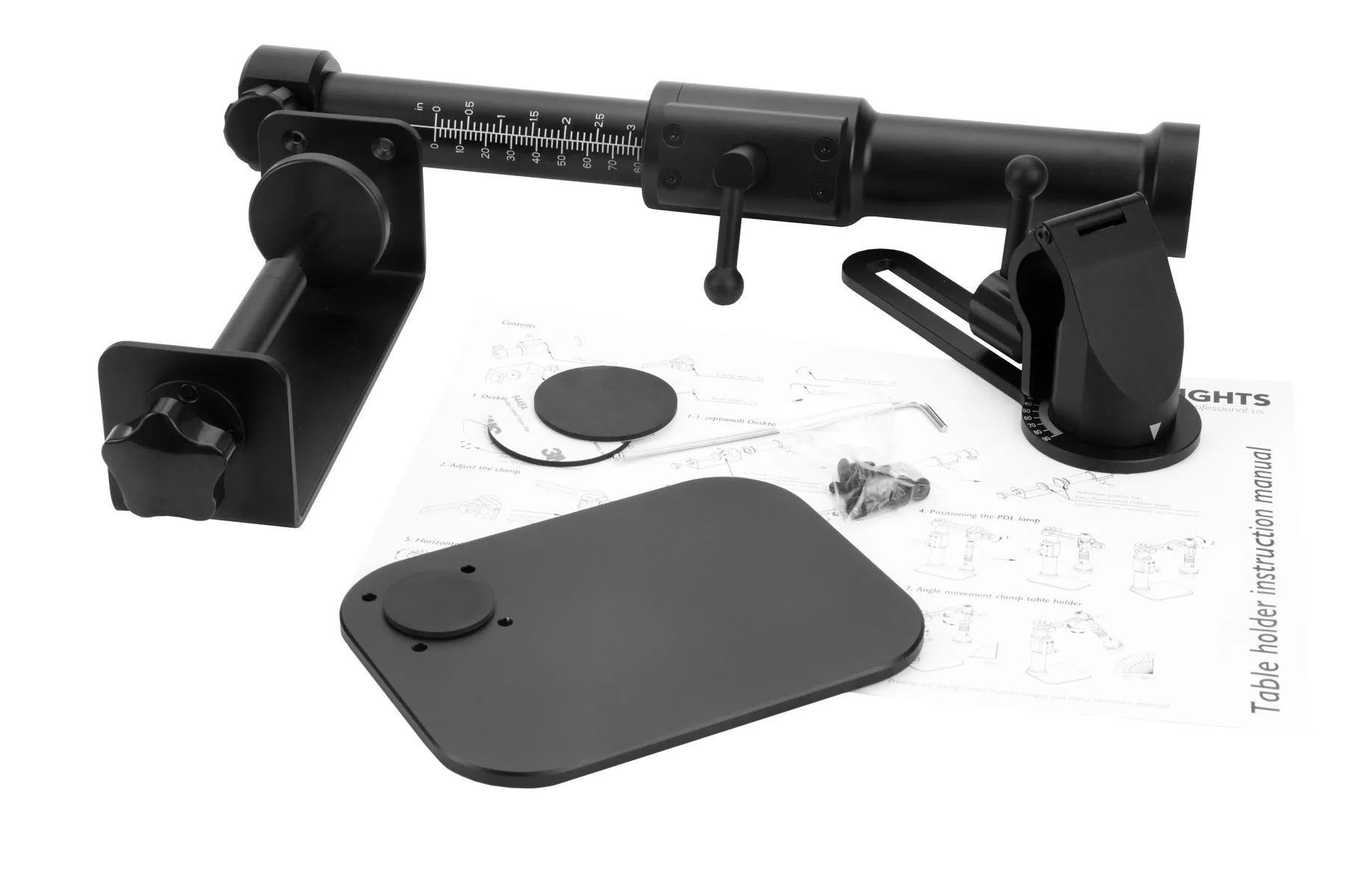 PDL-II Table Holder 的桌面底座、桌邊固定支架、調整機構與配件