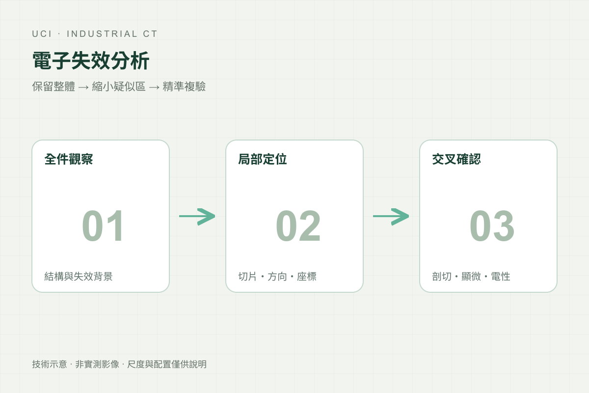 電子組件全件掃描與局部確認的流程示意